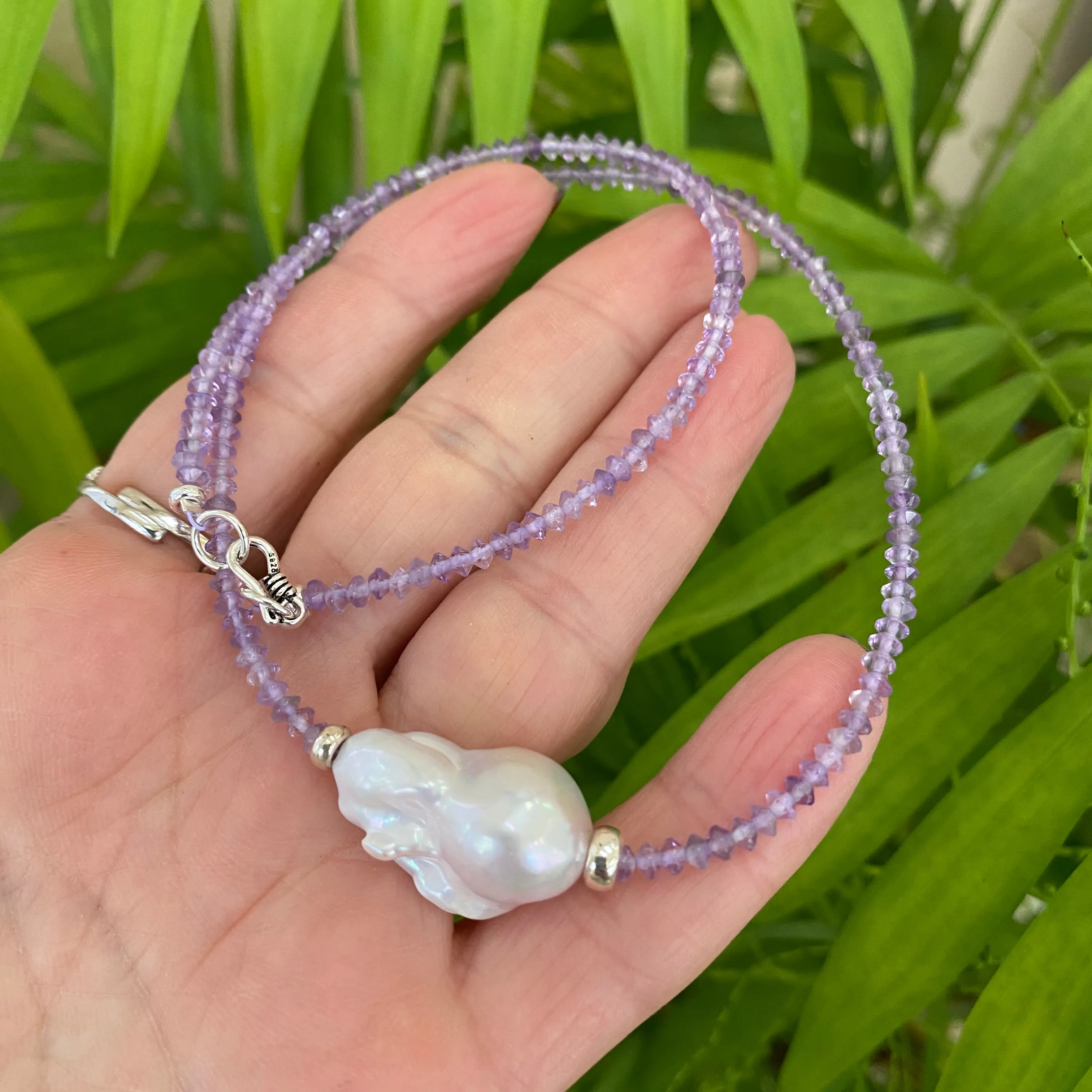 Dainty Light Lavender Amethyst & Baroque Pearl Necklace, February Birthstone, Silver, 17.5in