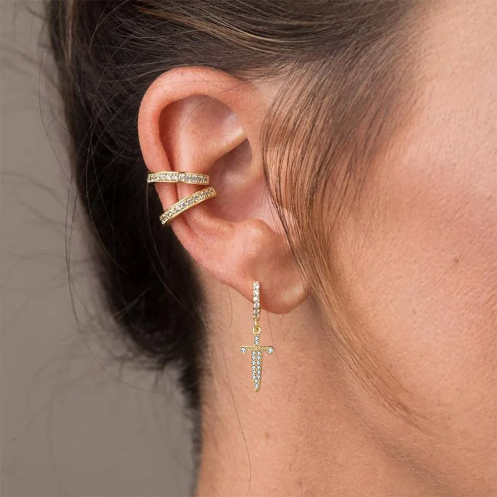 Dangle Sword One-Touch Huggie Hoop Earrings