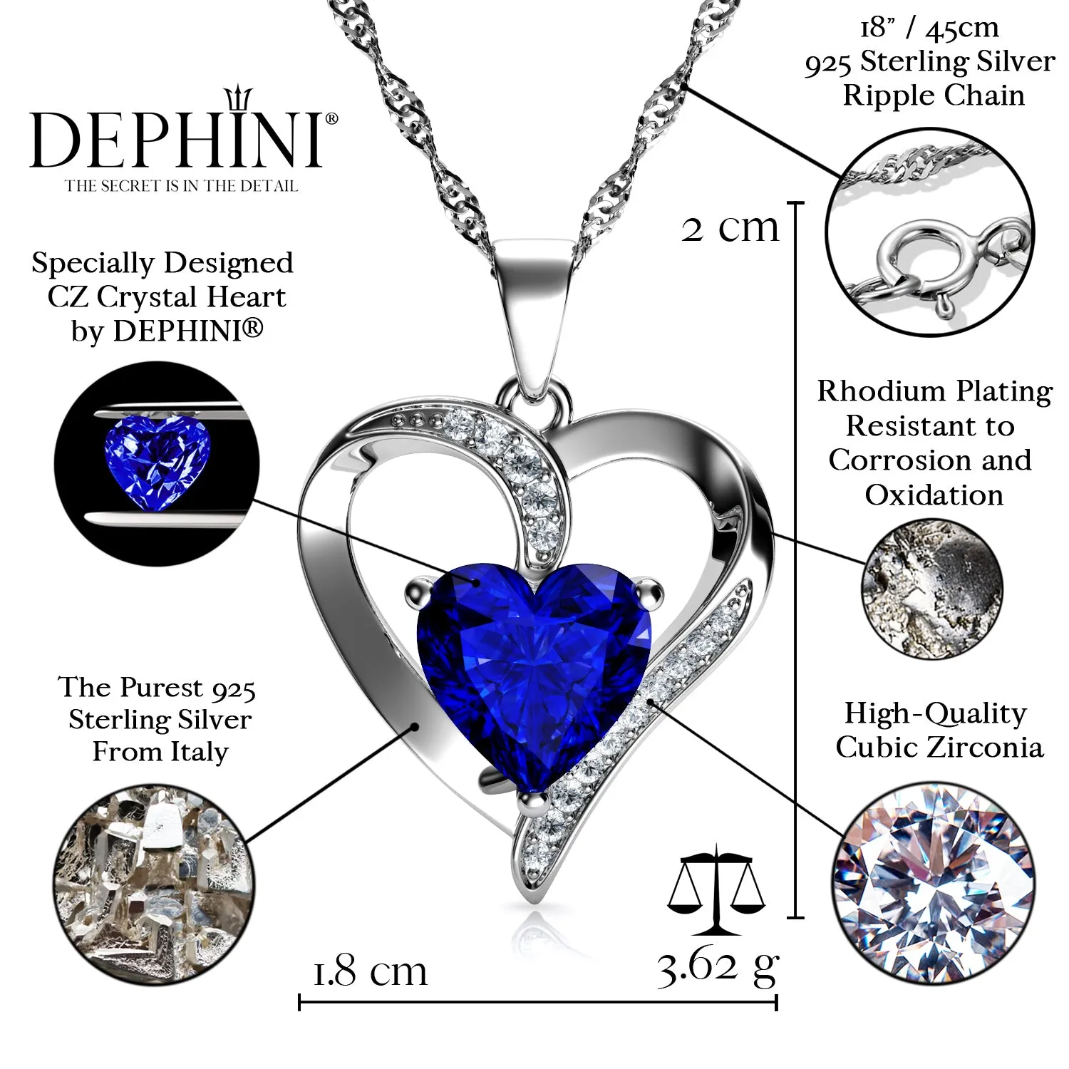 DEPHINI Blue Heart Necklace 925 Sterling Silver Heart Pendant CZ