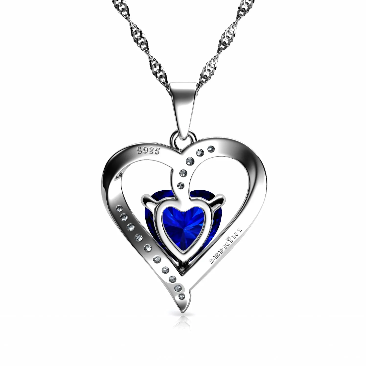 DEPHINI Blue Heart Necklace 925 Sterling Silver Heart Pendant CZ