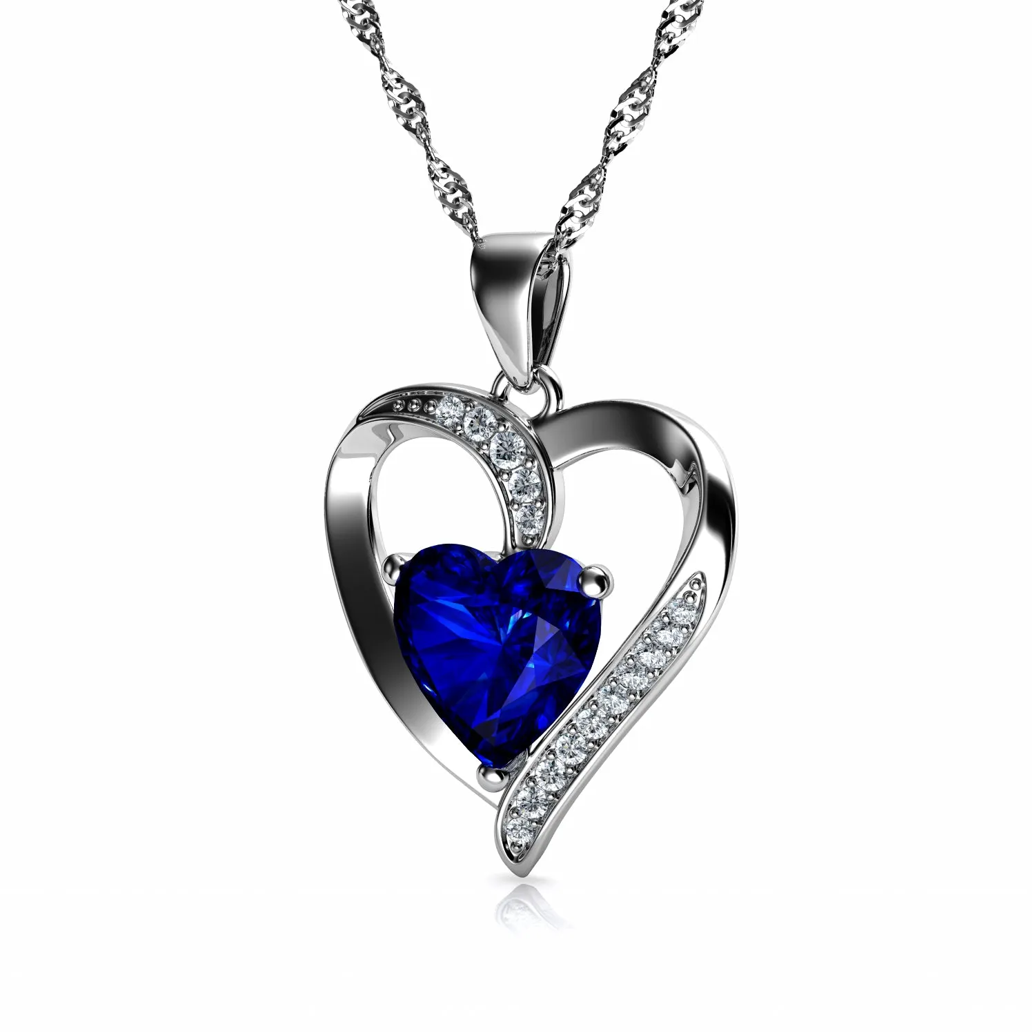 DEPHINI Blue Heart Necklace 925 Sterling Silver Heart Pendant CZ