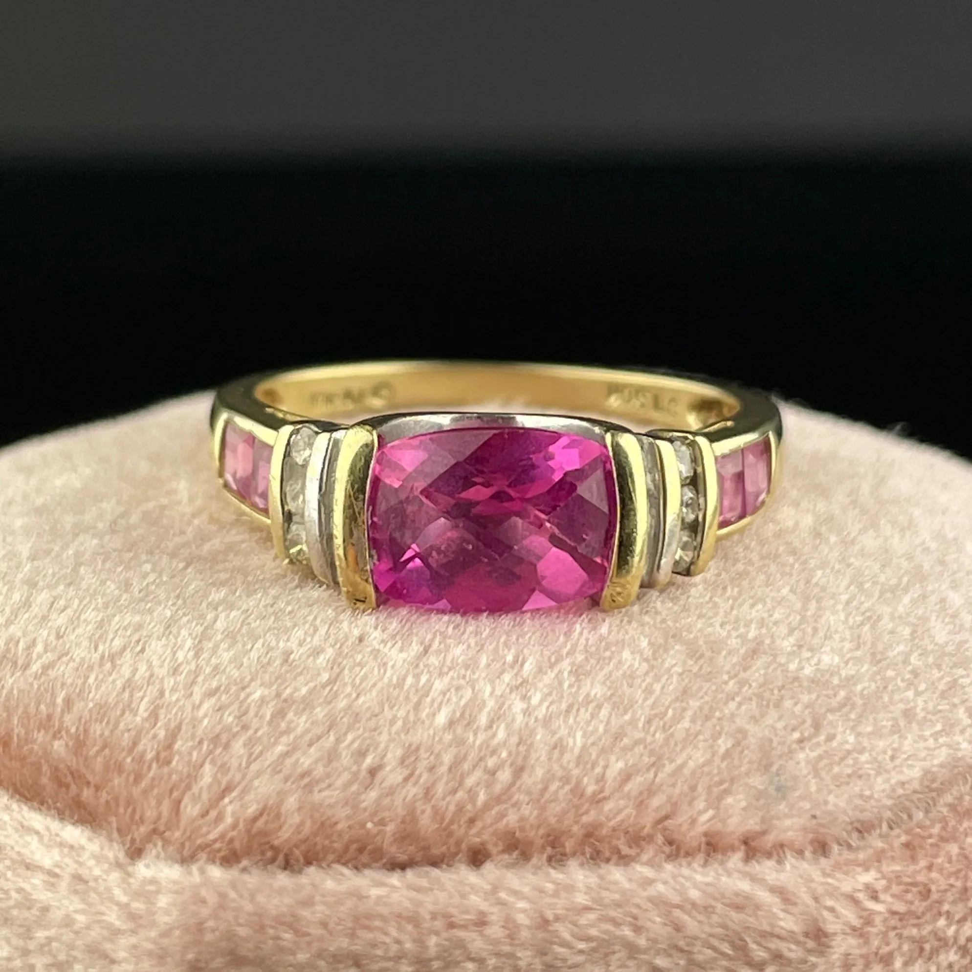 Diamond Checkerboard Cut Pink Sapphire 10K Gold Vintage Ring, Sz 6 3/4