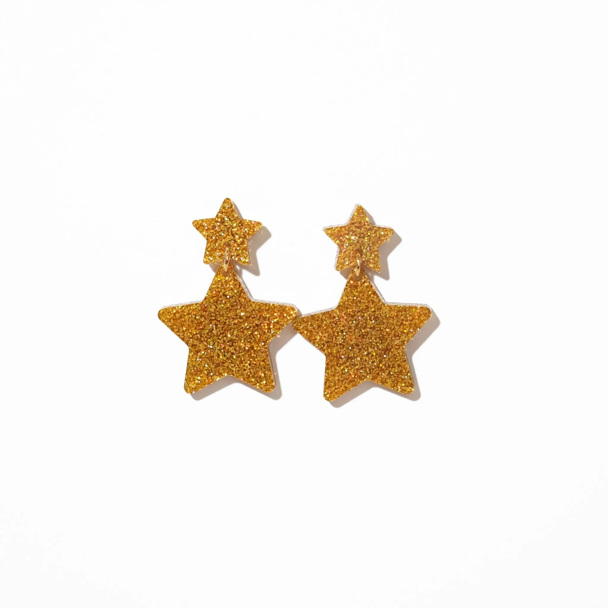 Double Star Dangle Earrings in Iridescent Gold Glitter