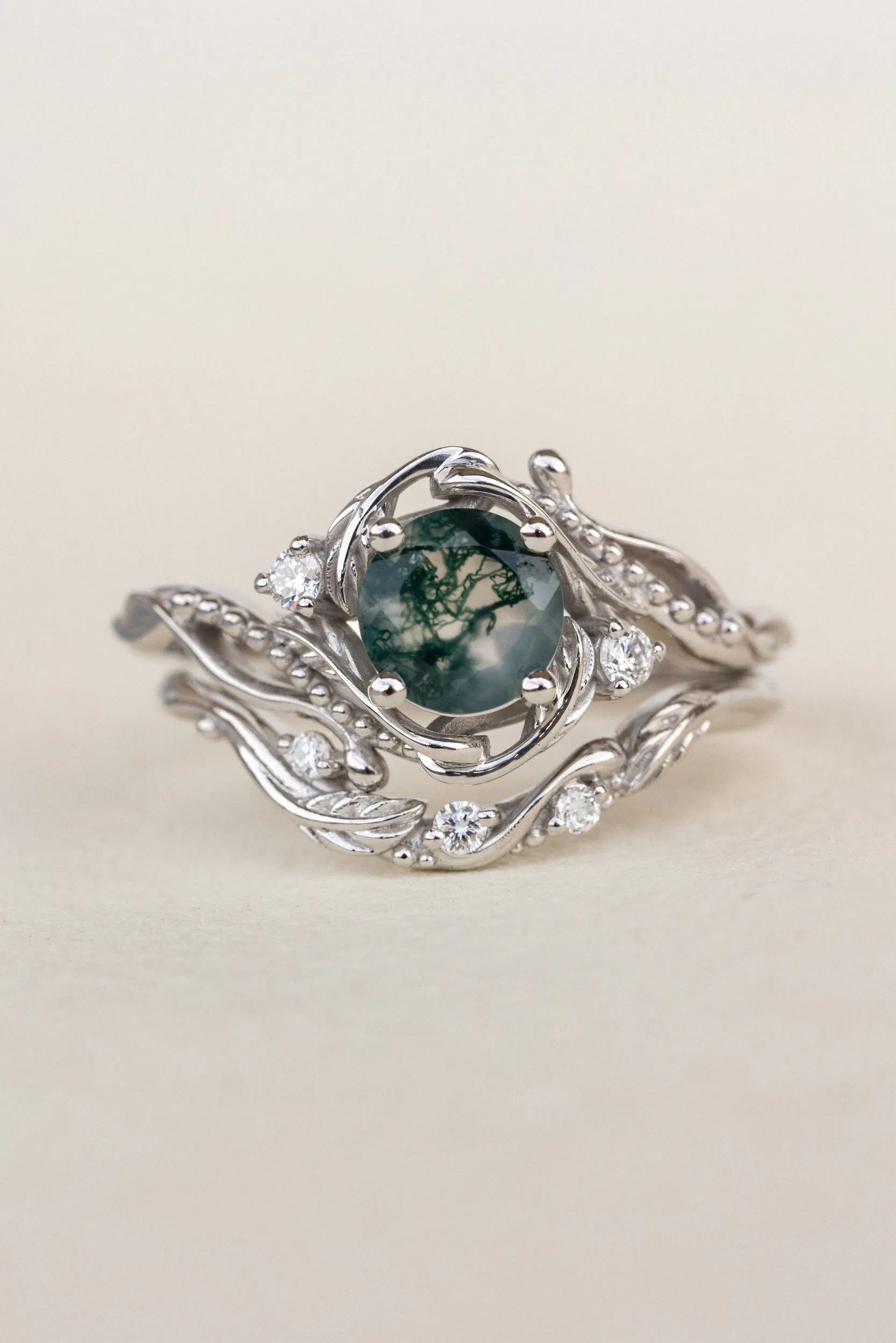 Gold bridal ring set with natural round moss agate and accent diamonds / Undina