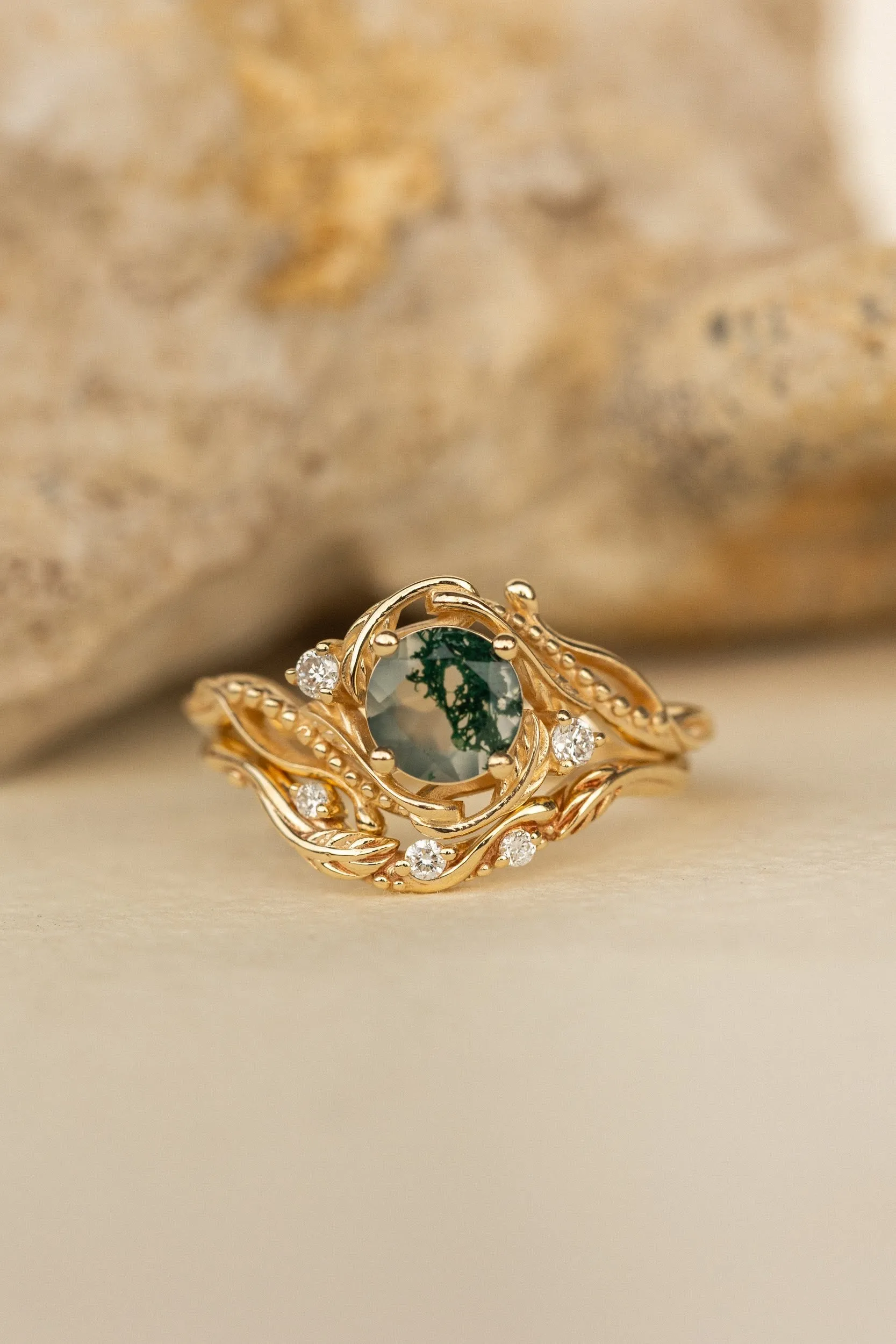 Gold bridal ring set with natural round moss agate and accent diamonds / Undina