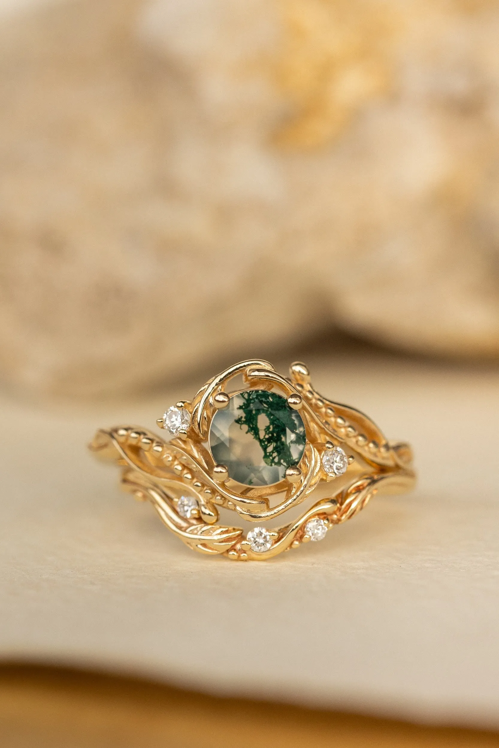 Gold bridal ring set with natural round moss agate and accent diamonds / Undina