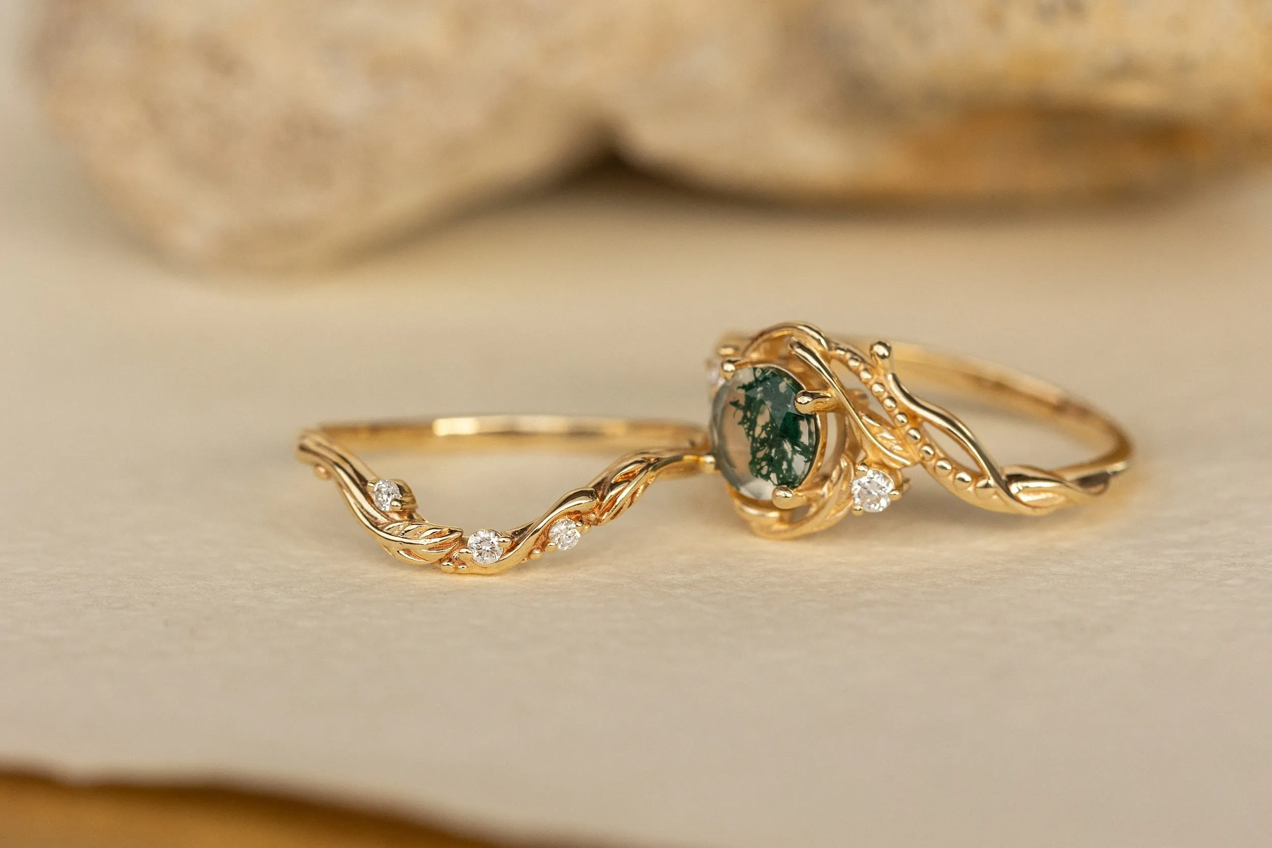 Gold bridal ring set with natural round moss agate and accent diamonds / Undina