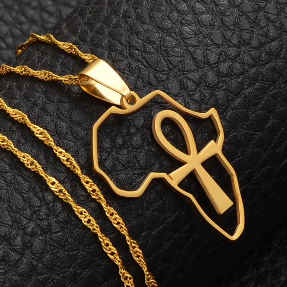 Gold/Silver-Plated Africa Map & Ankh Pendant Necklace