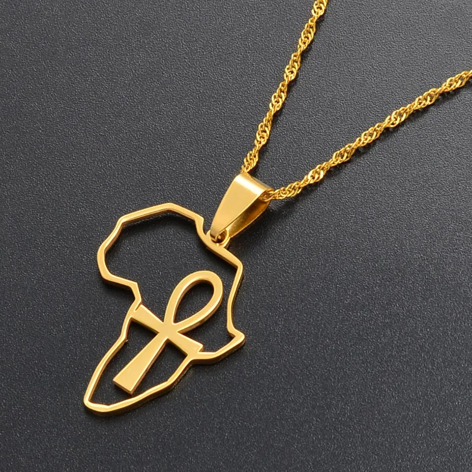 Gold/Silver-Plated Africa Map & Ankh Pendant Necklace