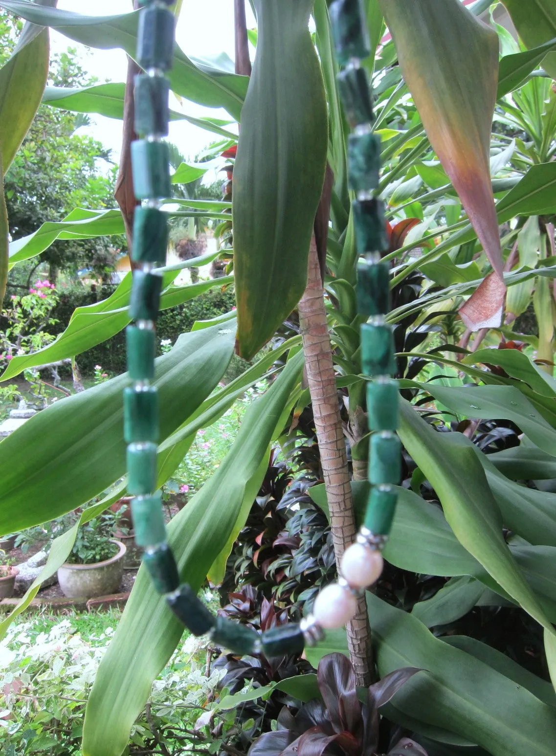 Green Emerald, Tourmaline and Baroque Freshwater Pearl Necklace in Stainless Silver Findings