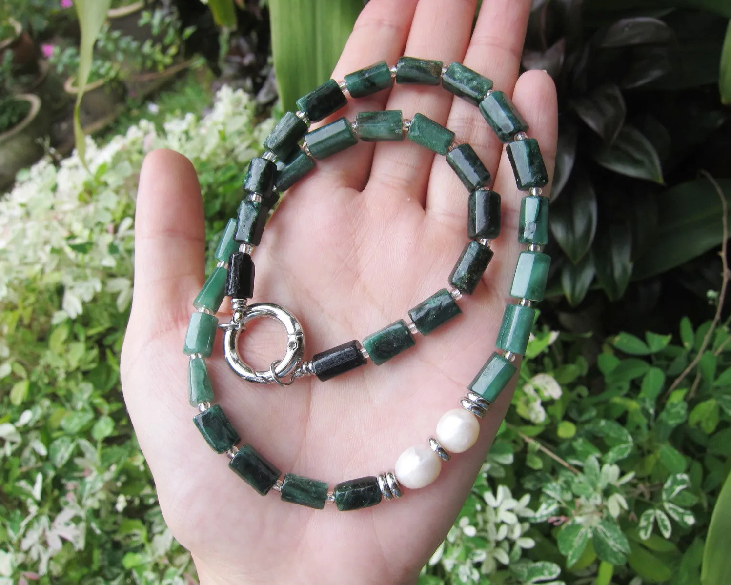 Green Emerald, Tourmaline and Baroque Freshwater Pearl Necklace in Stainless Silver Findings