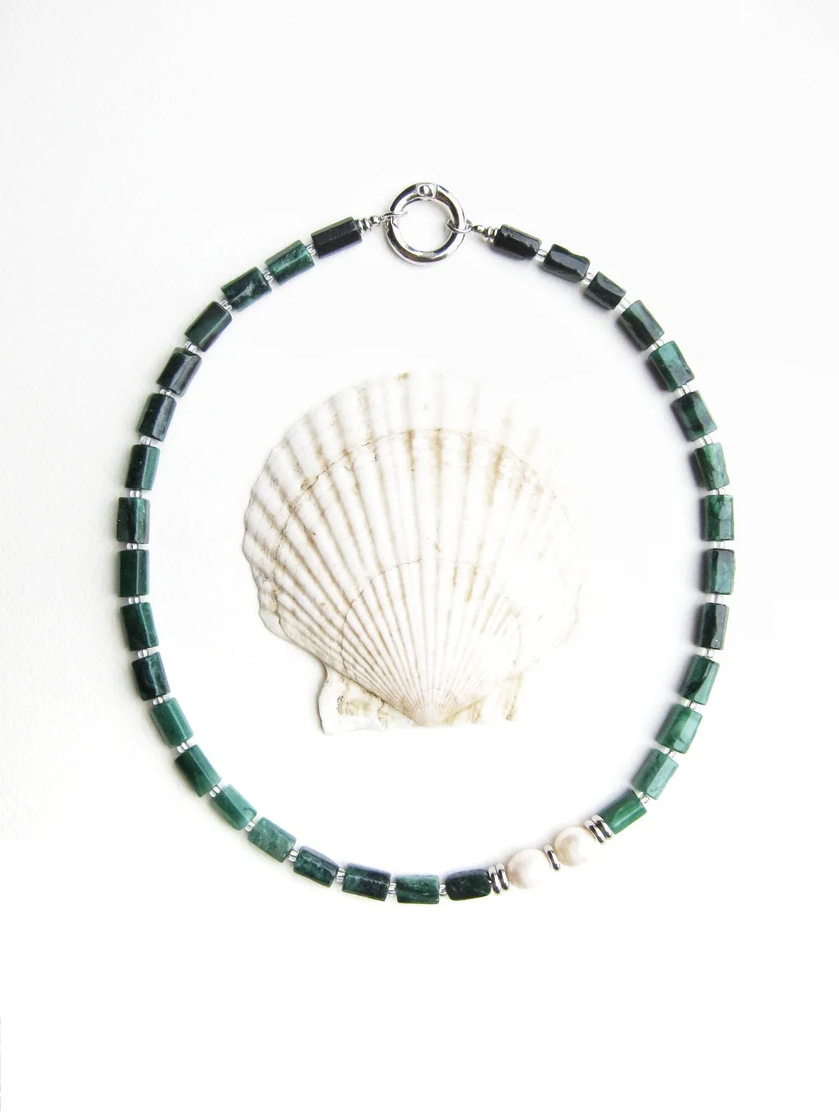 Green Emerald, Tourmaline and Baroque Freshwater Pearl Necklace in Stainless Silver Findings