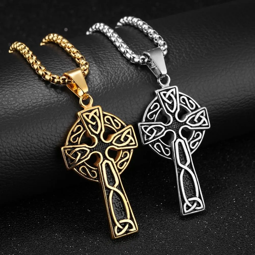 Hip Hop Silver & Gold Celtic Cross Pendant Necklace with 24 Inch Chain