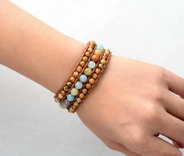 Jasper Amazonite Mix Leather Cuff Bracelet