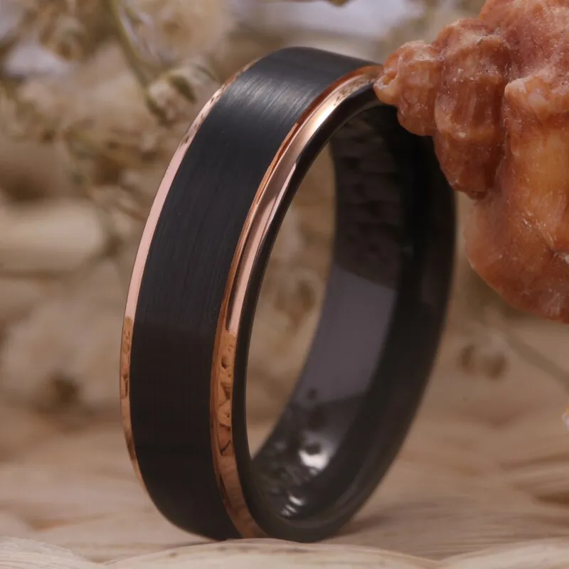 Matte Black with Rose Golden Step Tungsten Wedding Rings