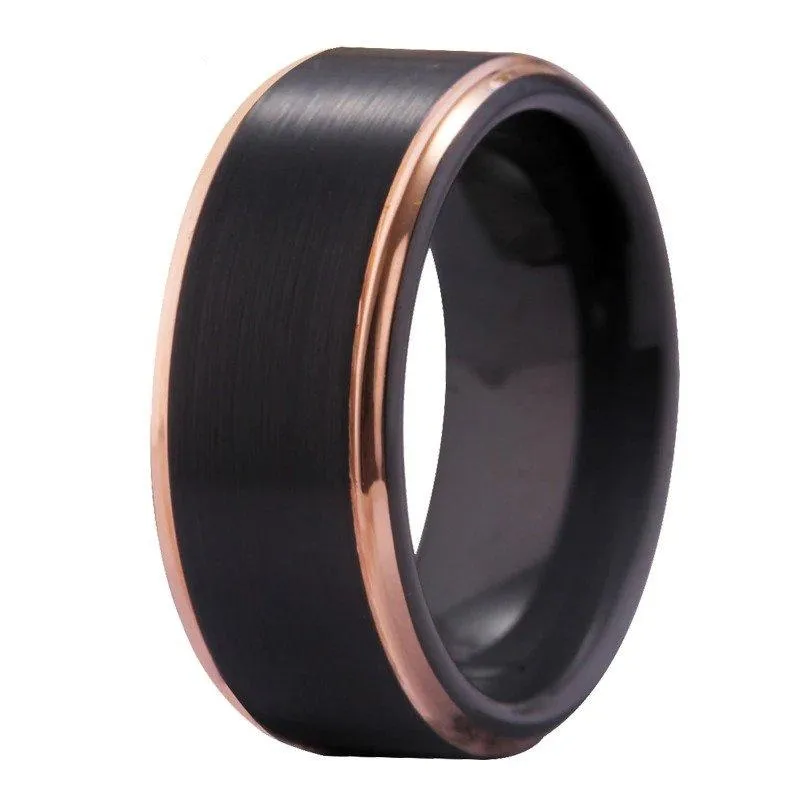 Matte Black with Rose Golden Step Tungsten Wedding Rings