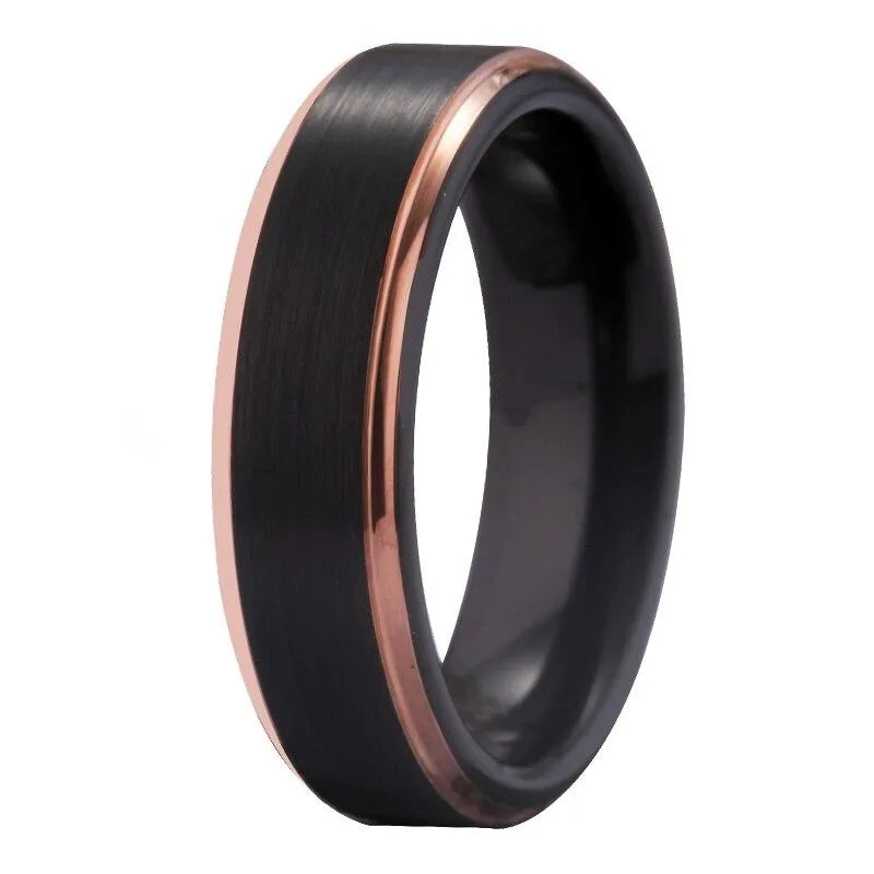 Matte Black with Rose Golden Step Tungsten Wedding Rings