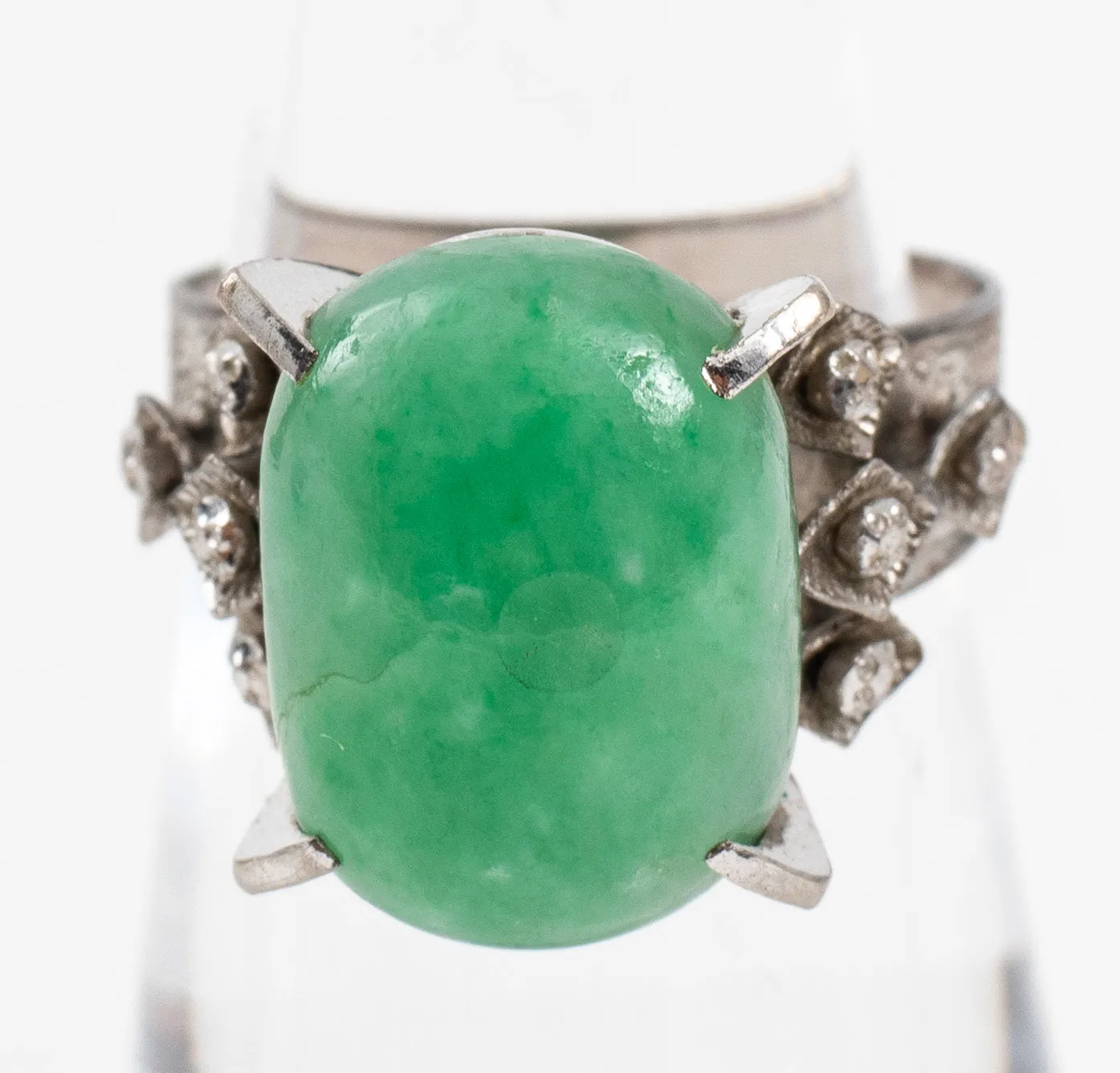 Mid-Century Modern 10K White Gold Oval Jade Ring