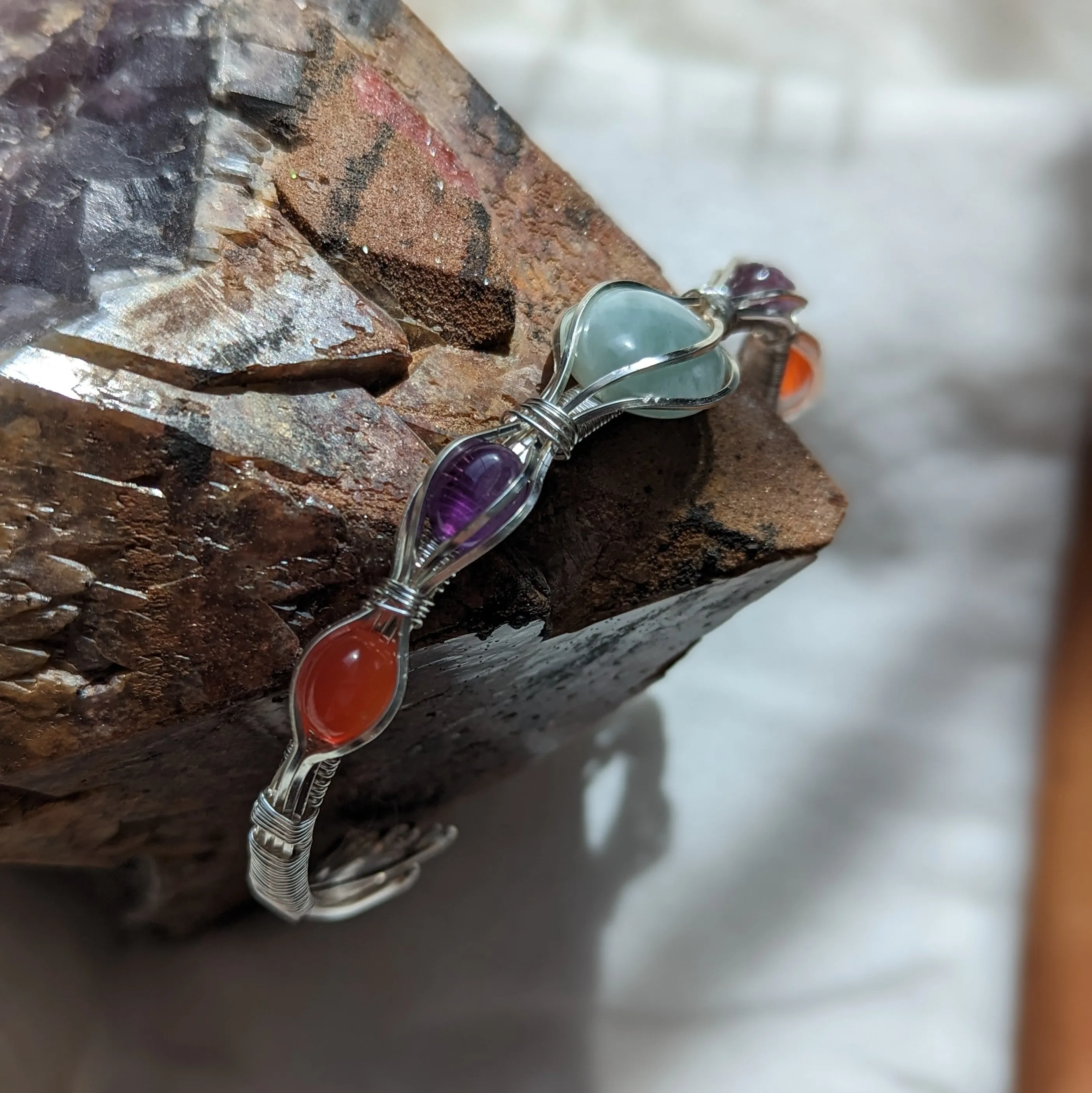 Moonstone, Amethyst and Carnelian ~ Wire Wrapped Adjustable Wrist Bengal