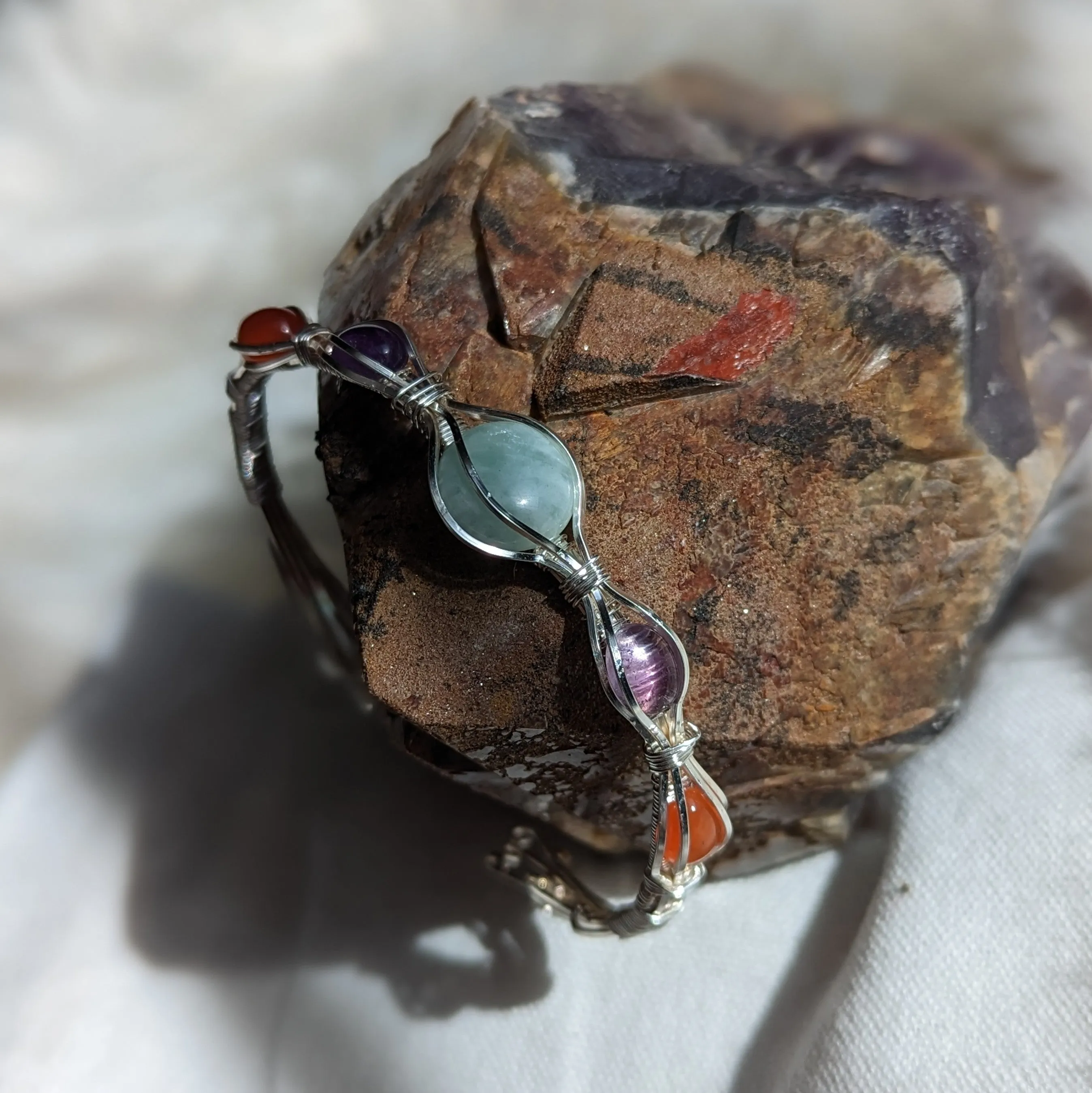 Moonstone, Amethyst and Carnelian ~ Wire Wrapped Adjustable Wrist Bengal