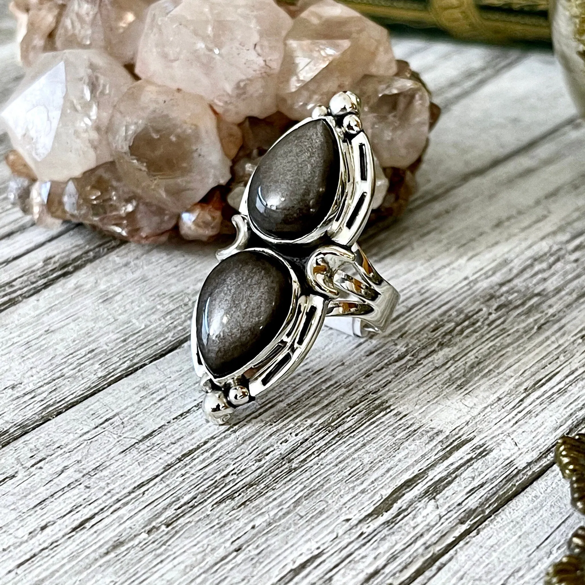 Mystic Moons Silver Sheen Obsidian Crystal Ring in Solid Sterling Silver- Designed by FOXLARK Collection Size 5 6 7 8 9 10 11 Adjustable