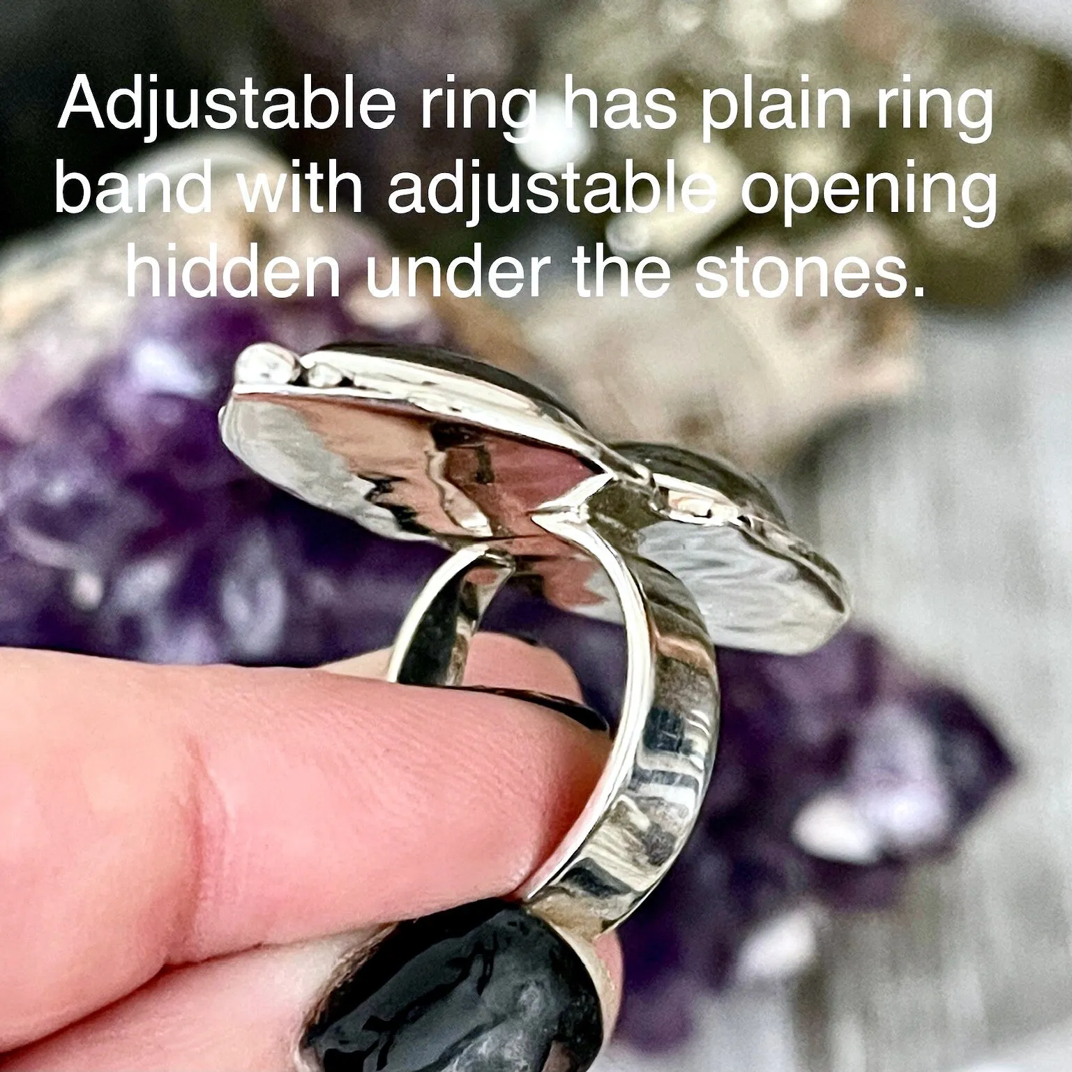 Mystic Moons Silver Sheen Obsidian Crystal Ring in Solid Sterling Silver- Designed by FOXLARK Collection Size 5 6 7 8 9 10 11 Adjustable