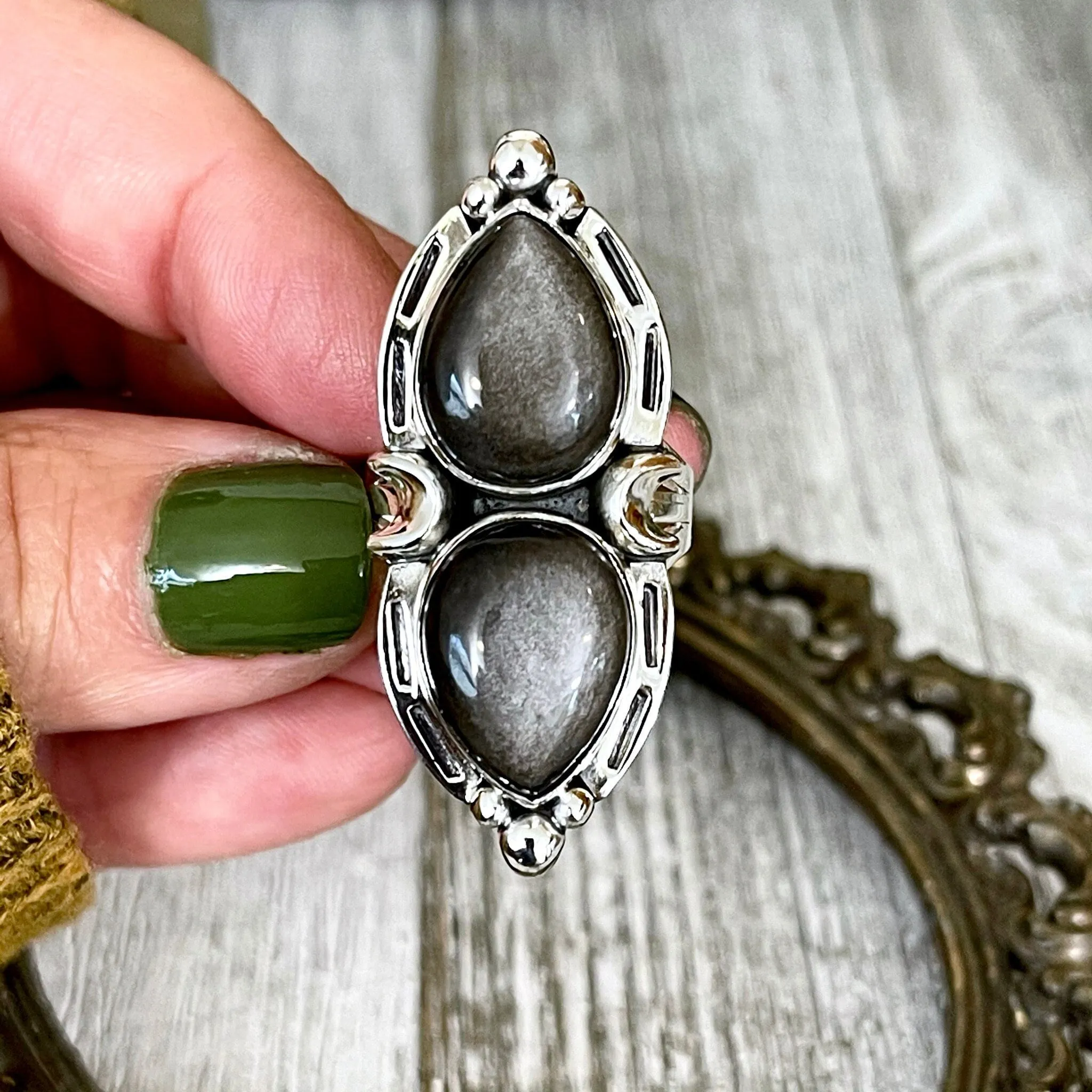 Mystic Moons Silver Sheen Obsidian Crystal Ring in Solid Sterling Silver- Designed by FOXLARK Collection Size 5 6 7 8 9 10 11 Adjustable