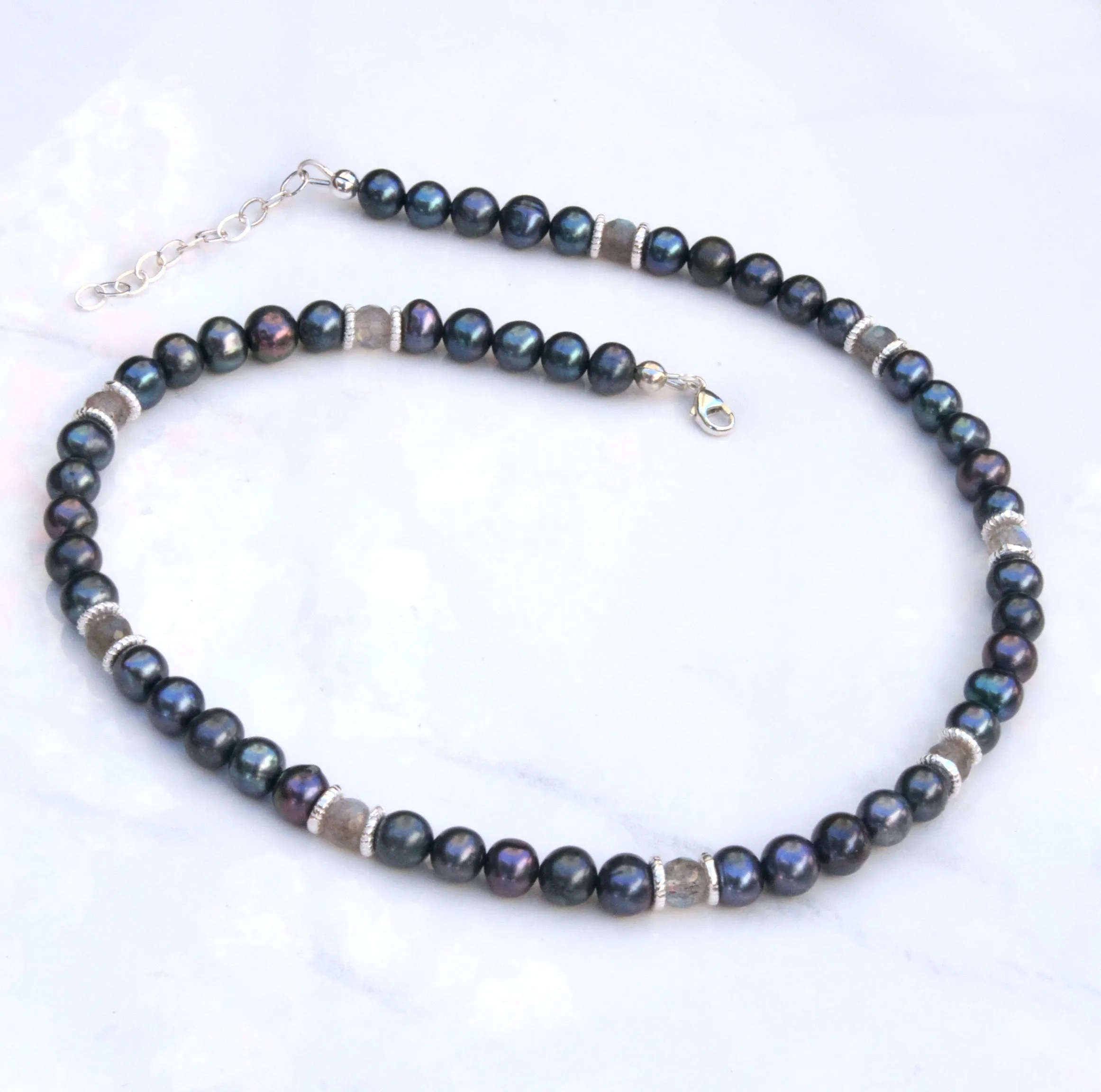 Natural Freshwater Black & Blue Pearls, Labradorite gemstones, and Sterling Silver Choker