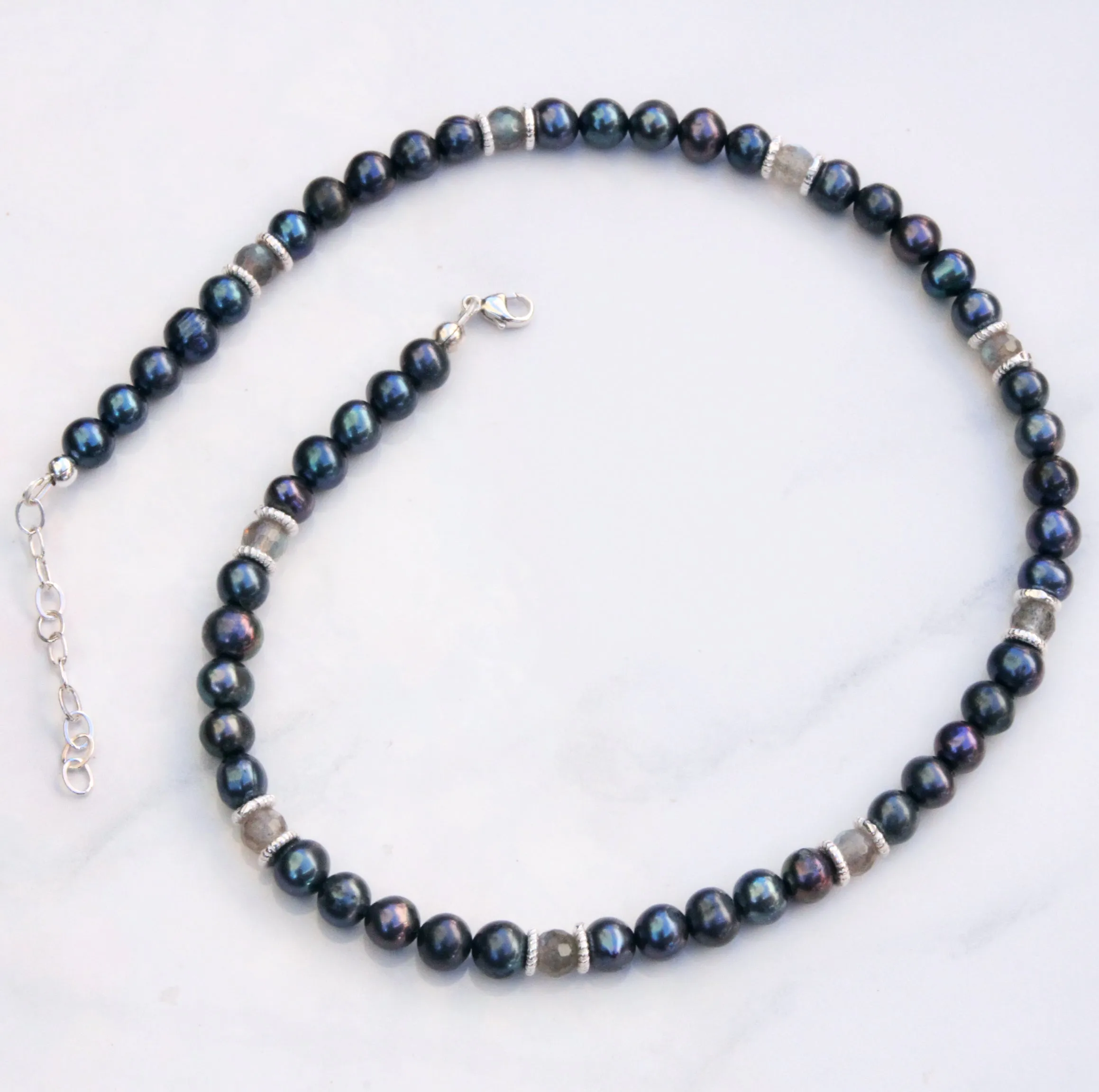 Natural Freshwater Black & Blue Pearls, Labradorite gemstones, and Sterling Silver Choker