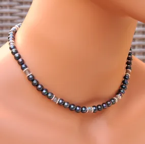 Natural Freshwater Black & Blue Pearls, Labradorite gemstones, and Sterling Silver Choker