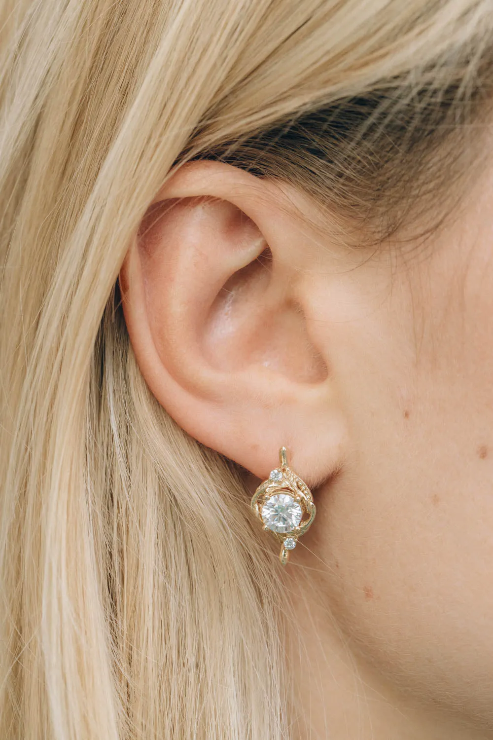 Nature inspired moissanite earrings, gold leaf earrings with 1 carat moissanites / Undina earrings