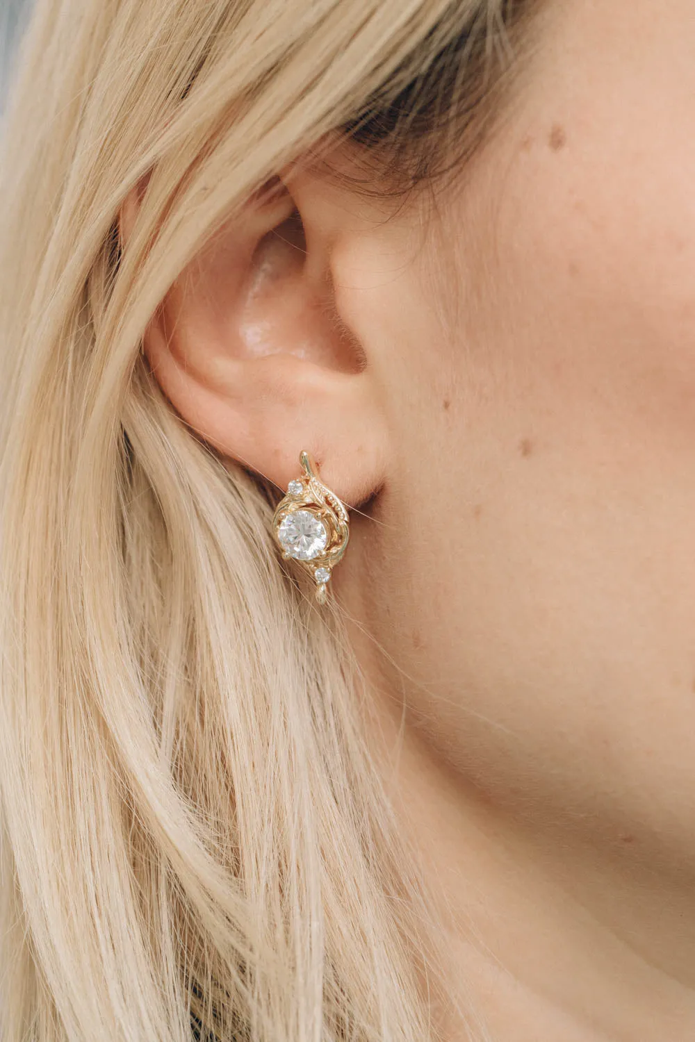 Nature inspired moissanite earrings, gold leaf earrings with 1 carat moissanites / Undina earrings