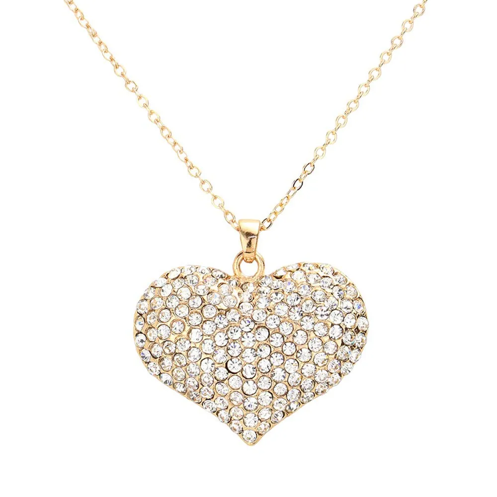 Pave Crystal Rhinestone Heart Pendant Necklace