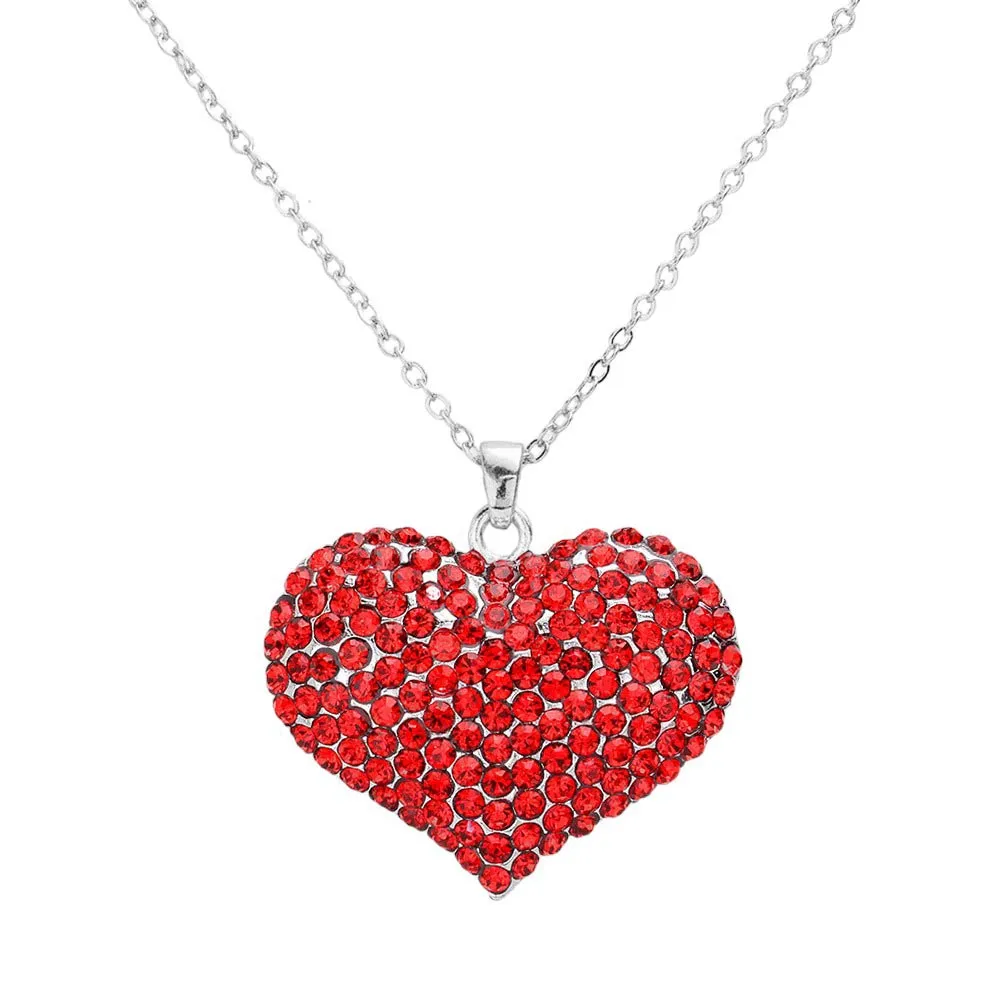 Pave Crystal Rhinestone Heart Pendant Necklace