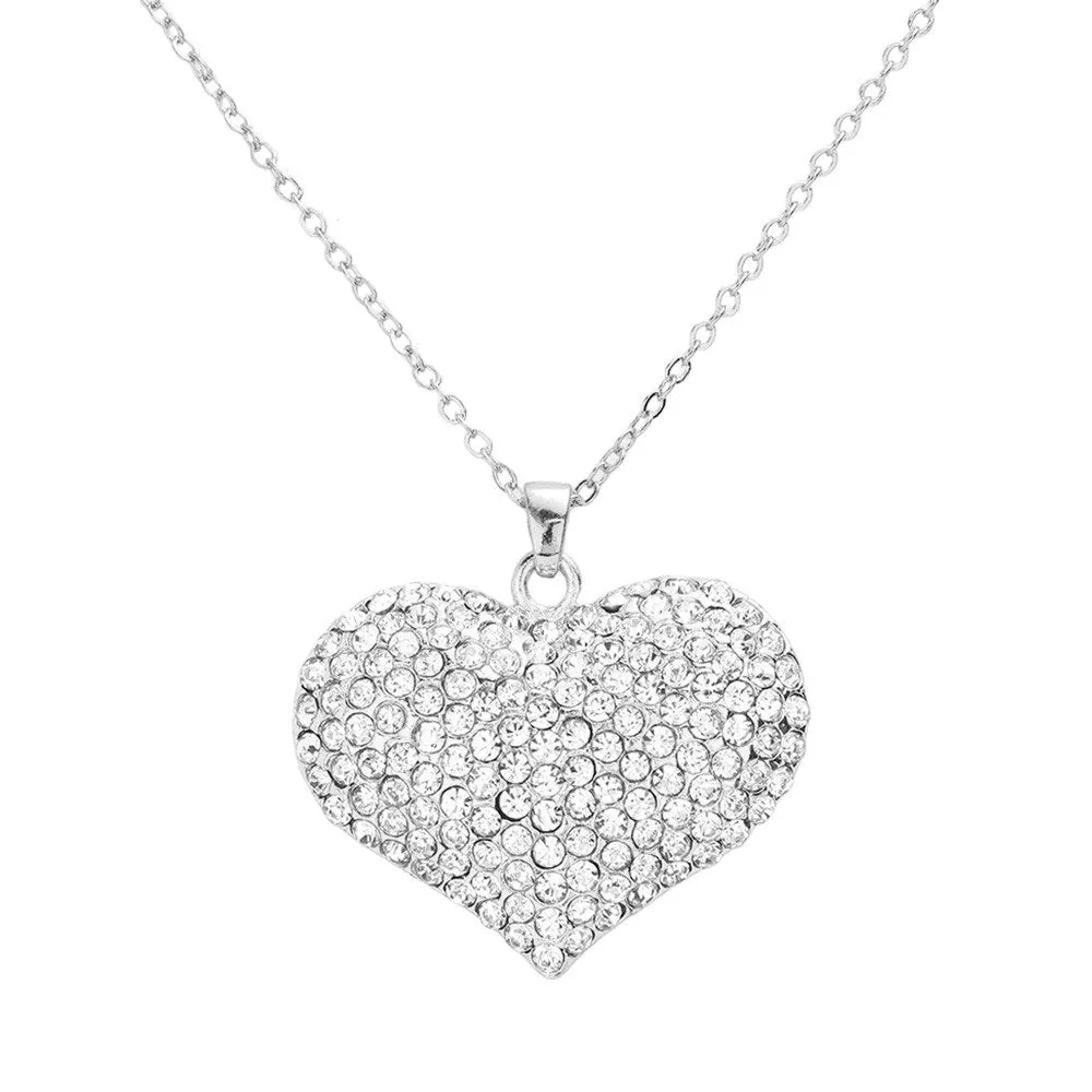 Pave Crystal Rhinestone Heart Pendant Necklace