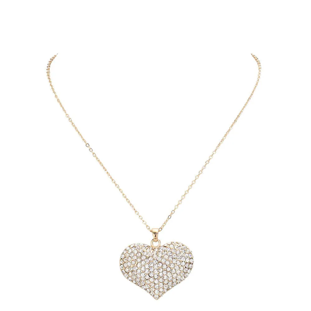 Pave Crystal Rhinestone Heart Pendant Necklace