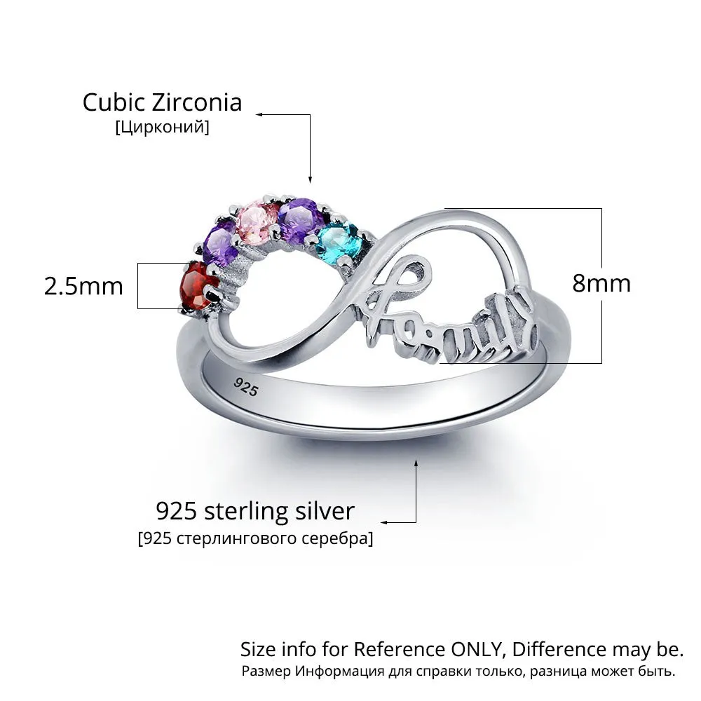 Personalized Engrave Birthstone Infinity Family Jewelry Cubic Zirconia 925 Sterling Silver Ring Gift For Mom