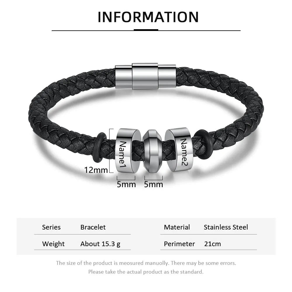 Personalized Stainless Steel Black Leather Bracelets with 2 Custom Name Beads Retro Jewelry Men Bracelets Fathers Day Gift