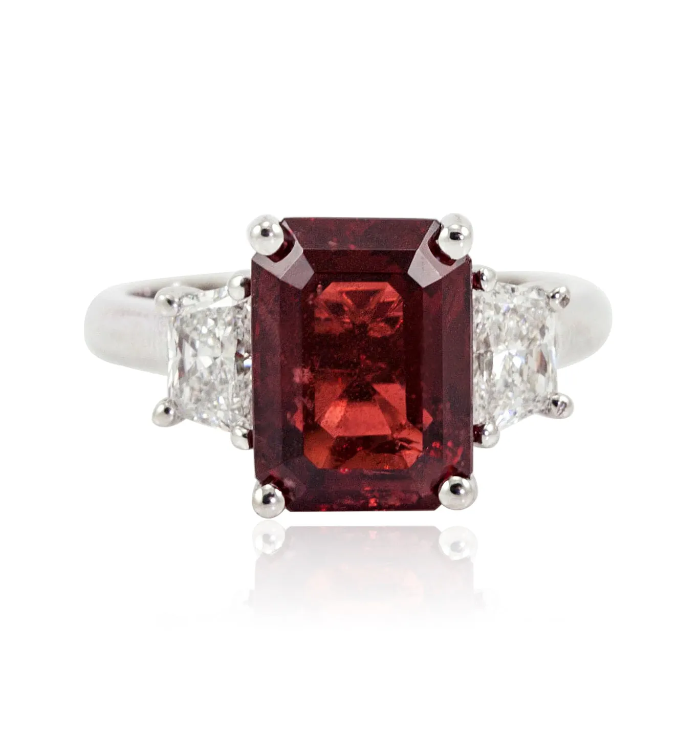 Platinum Red Spinel and Trapezoidal Diamond Three-Stone Ring