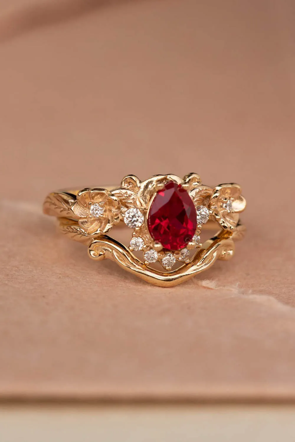 READY TO SHIP: Adelina ring in 14K yellow gold, lab ruby pear cut 7x5 mm, lab grown diamonds, AVAILABLE RING SIZES: 6-8US