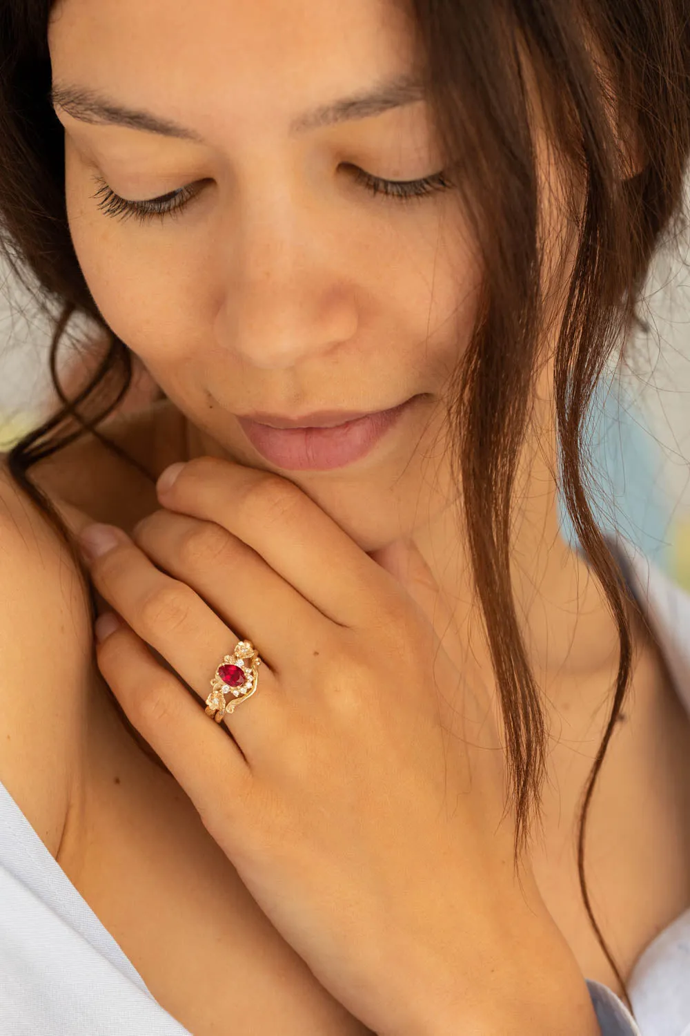 READY TO SHIP: Adelina ring in 14K yellow gold, lab ruby pear cut 7x5 mm, lab grown diamonds, AVAILABLE RING SIZES: 6-8US