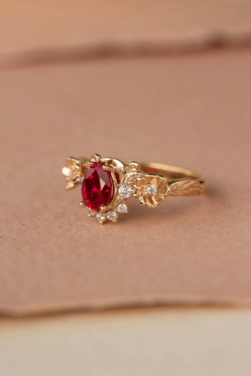 READY TO SHIP: Adelina ring in 14K yellow gold, lab ruby pear cut 7x5 mm, lab grown diamonds, AVAILABLE RING SIZES: 6-8US