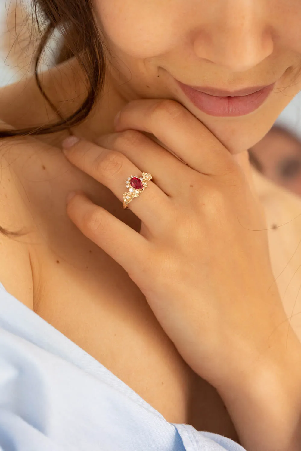 READY TO SHIP: Adelina ring in 14K yellow gold, lab ruby pear cut 7x5 mm, lab grown diamonds, AVAILABLE RING SIZES: 6-8US