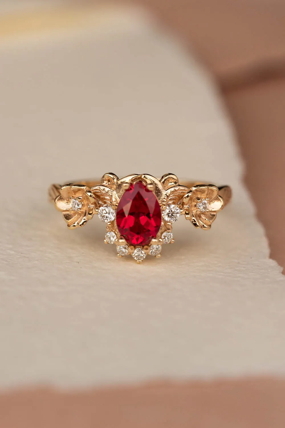 READY TO SHIP: Adelina ring in 14K yellow gold, lab ruby pear cut 7x5 mm, lab grown diamonds, AVAILABLE RING SIZES: 6-8US