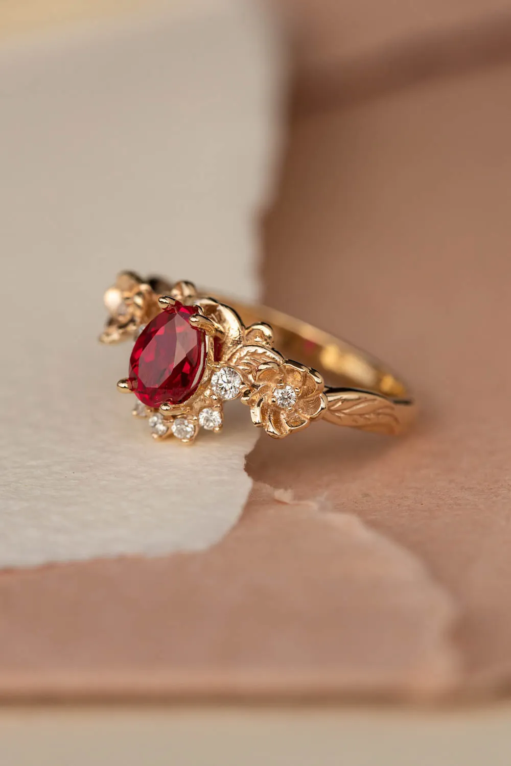 READY TO SHIP: Adelina ring in 14K yellow gold, lab ruby pear cut 7x5 mm, lab grown diamonds, AVAILABLE RING SIZES: 6-8US