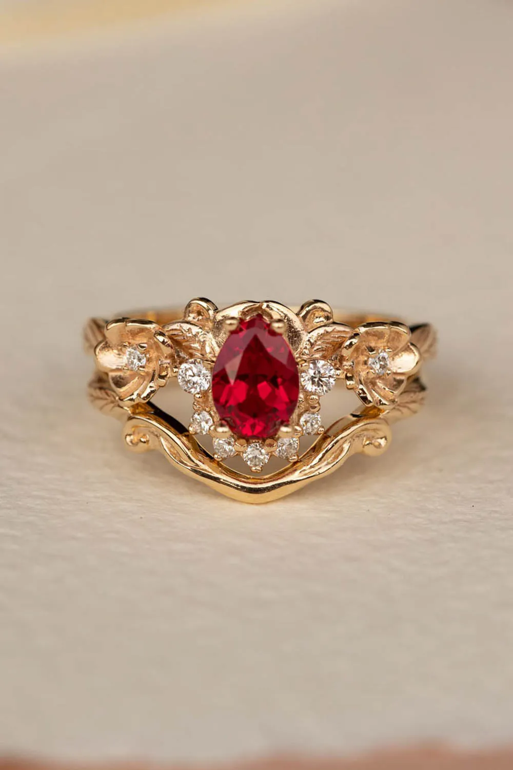 READY TO SHIP: Adelina ring in 14K yellow gold, lab ruby pear cut 7x5 mm, lab grown diamonds, AVAILABLE RING SIZES: 6-8US