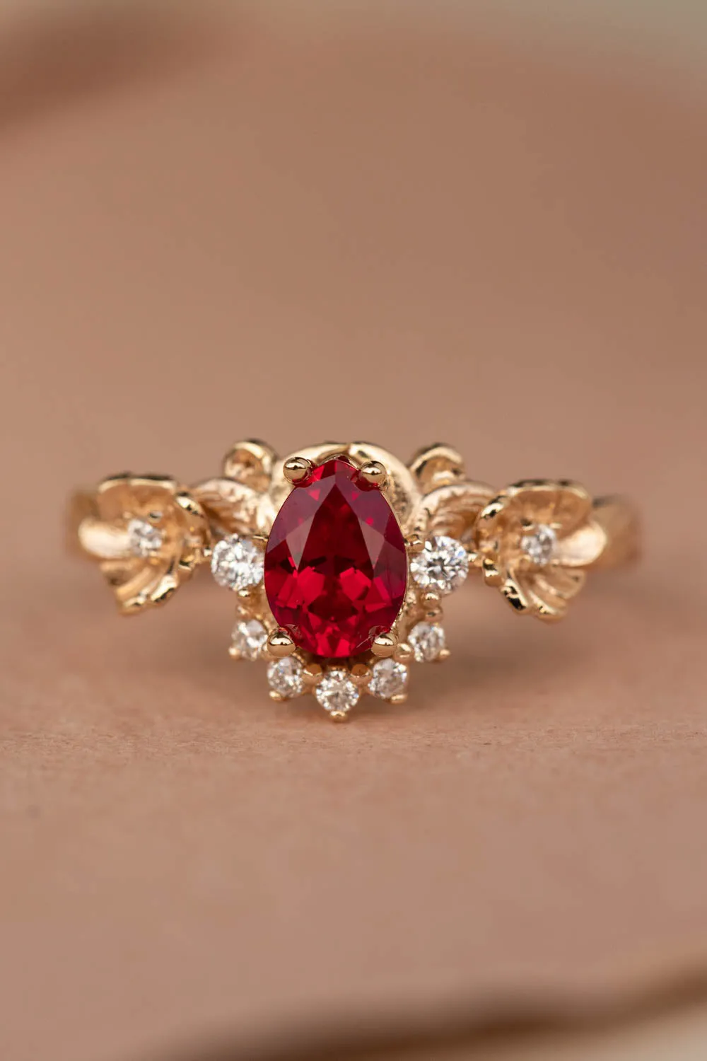 READY TO SHIP: Adelina ring in 14K yellow gold, lab ruby pear cut 7x5 mm, lab grown diamonds, AVAILABLE RING SIZES: 6-8US