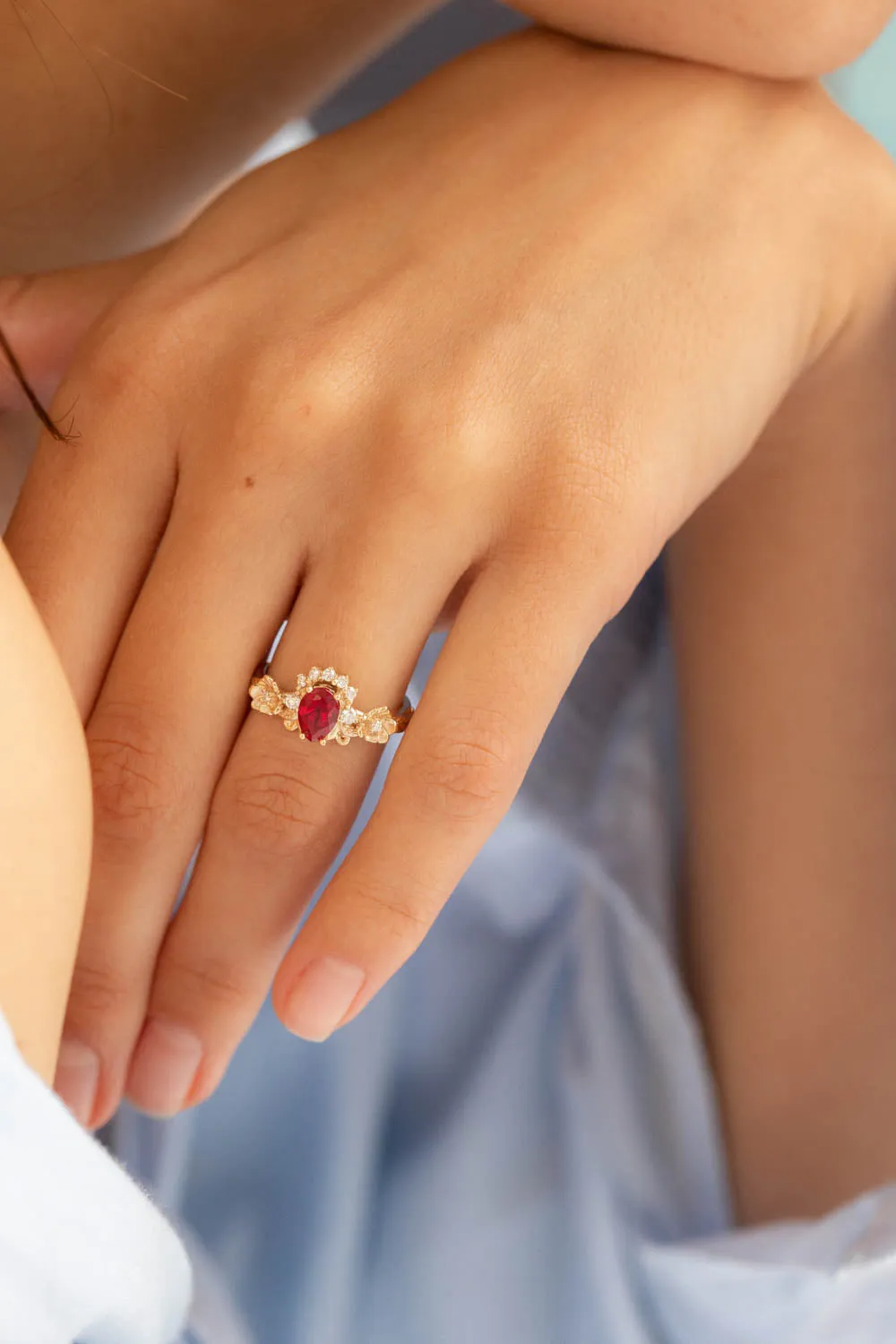 READY TO SHIP: Adelina ring in 14K yellow gold, lab ruby pear cut 7x5 mm, lab grown diamonds, AVAILABLE RING SIZES: 6-8US