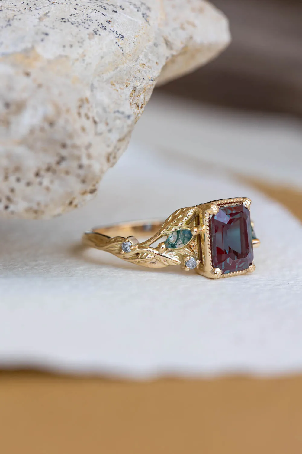 READY TO SHIP: Patricia ring in 14K yellow gold, lab alexandrite emerald cut 8x6 mm, accent moss agates and salt&pepper diamonds, AVAILABLE RING SIZES: 6-8US