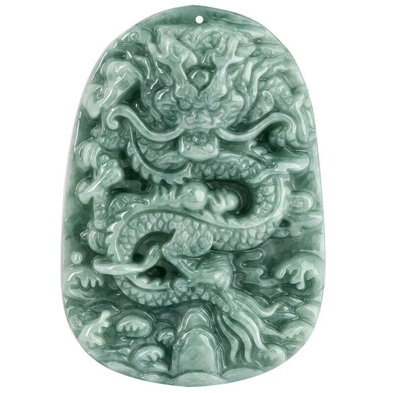 Real Grade A Natural Green Jade Jadeite Engraved Dragon Oblong 2 Sided Pendant #11-1226